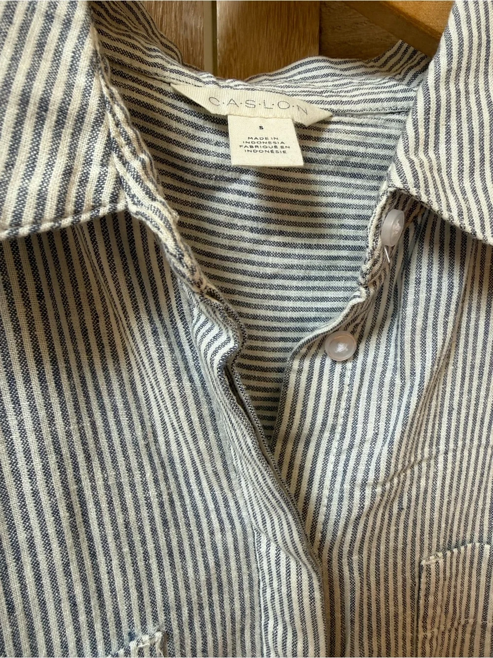Caslon Blue & White Striped Short Sleeve Linen blend Button-Up Shirt - Picture 4 of 7